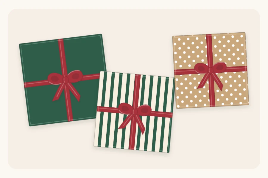 Three gifts from above in one palette, solid, striped and dotted, all tied with the same ribbon