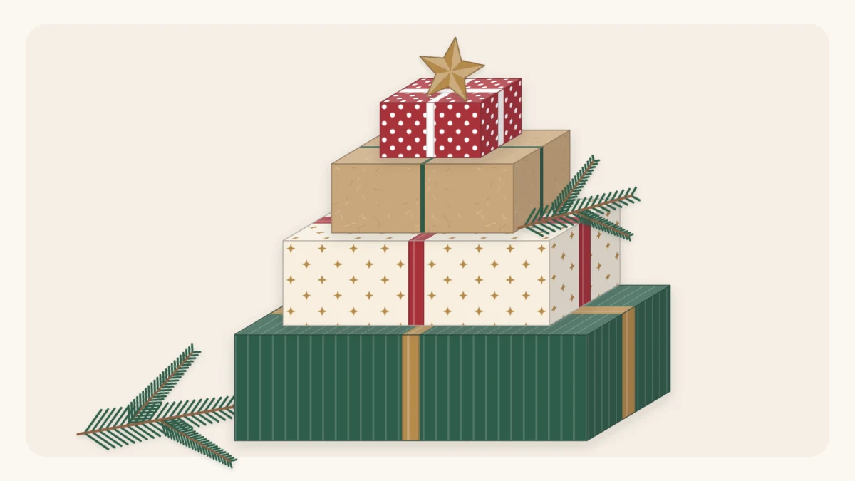 A stack of four Christmas gifts in deep green, cream, kraft and red with ribbons, an evergreen sprig and a paper star