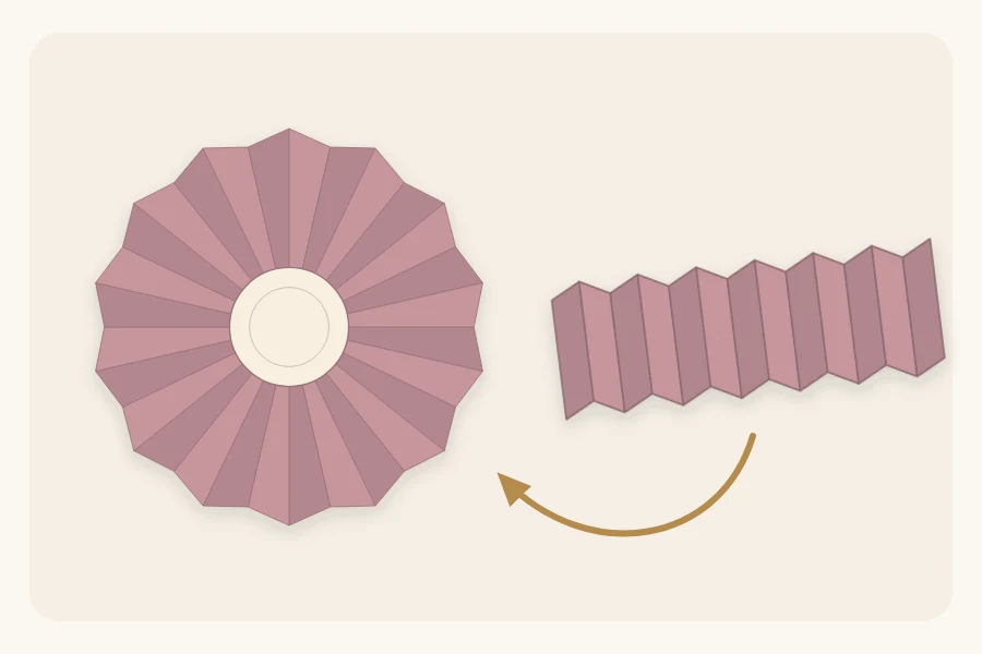 A paper rosette with a round center beside the pleated paper strip it is made from