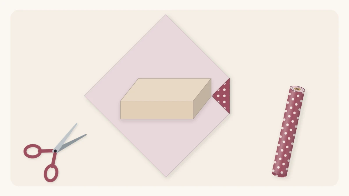 A box placed diagonally on a square sheet of wrapping paper with the paper corners pointing outward