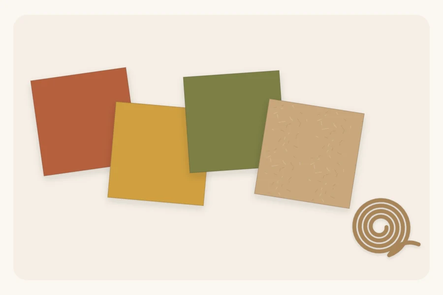Four paper swatches in rust, mustard, olive and kraft brown beside a coil of jute twine