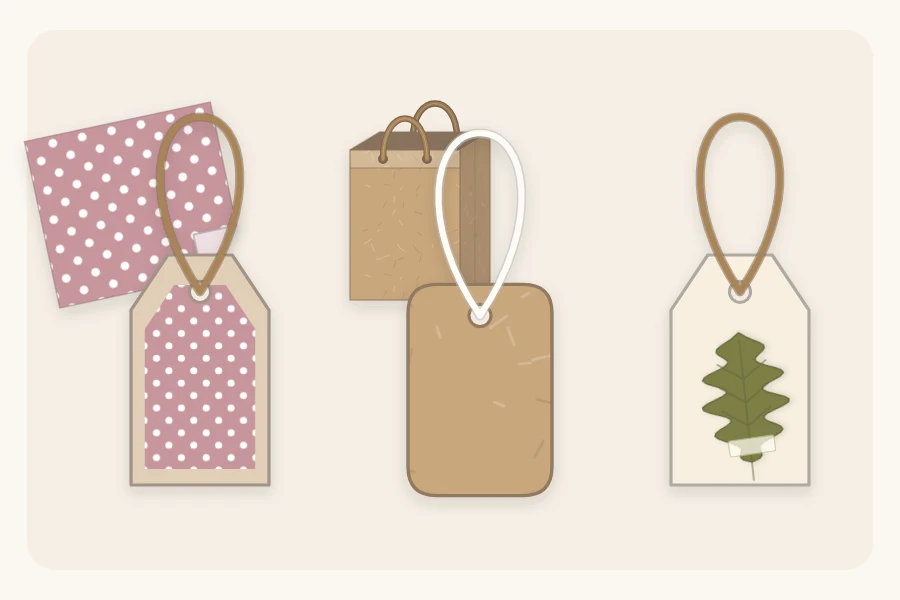 Three tags made from leftovers: wrapping paper on card, a kraft bag tag and a pressed-leaf tag