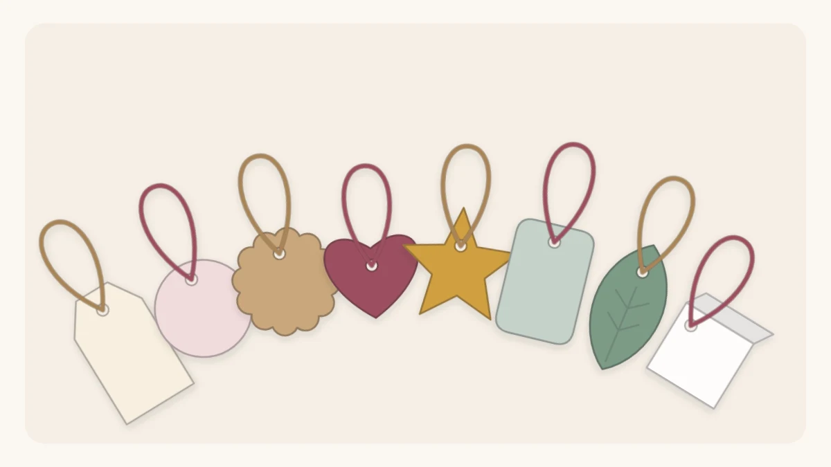Eight blank gift tags in different shapes fanned out, including a luggage tag, circle, heart, star and leaf