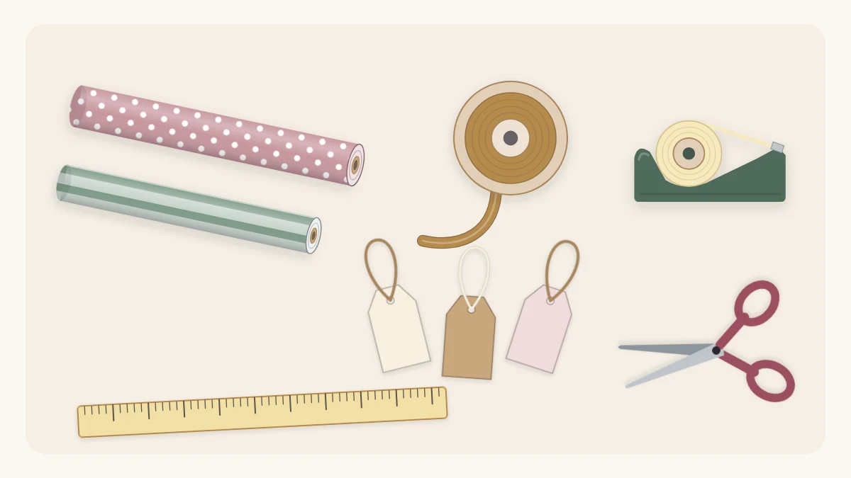 Flat lay of two paper rolls, ribbon spool, scissors, tape dispenser, ruler and three blank tags