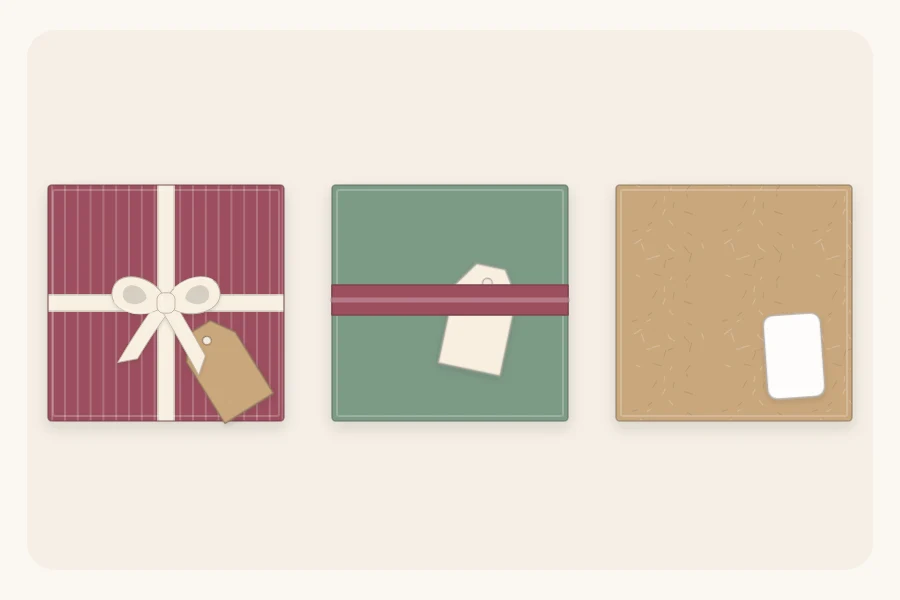 Three boxes from above with a tag tied into the bow, tucked under a ribbon and stuck flat