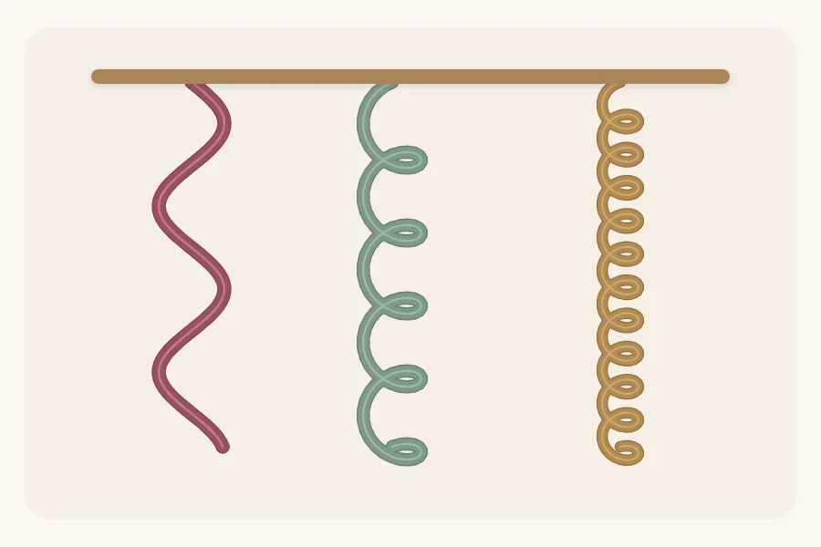 Three curled ribbons side by side: a loose wave, a medium spiral and a tight ringlet