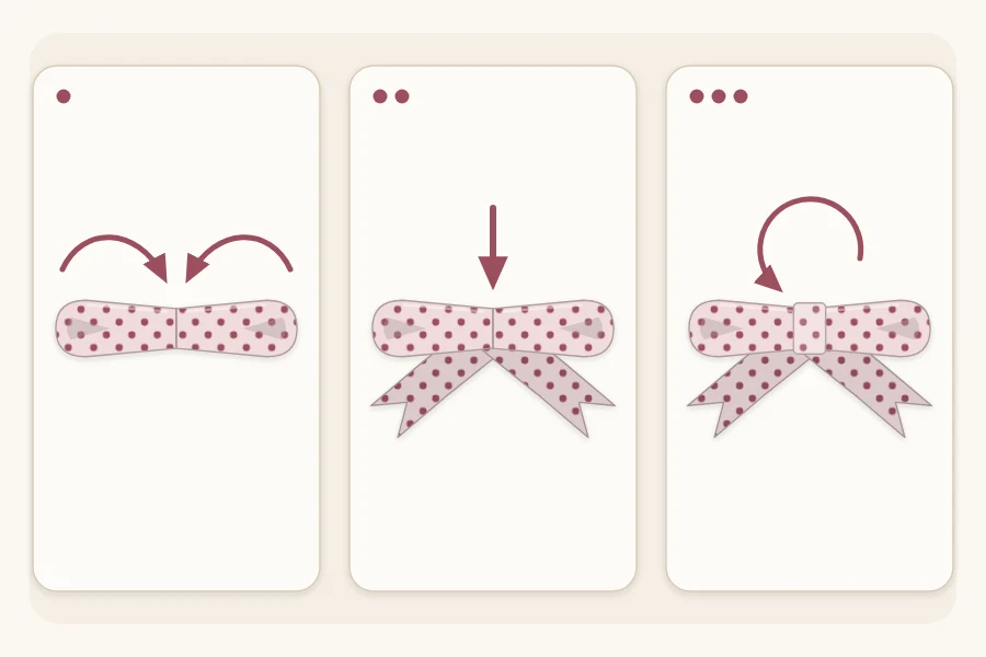Three assembly steps: strip ends folded to the center, loops placed on tails, band wrapped around the middle