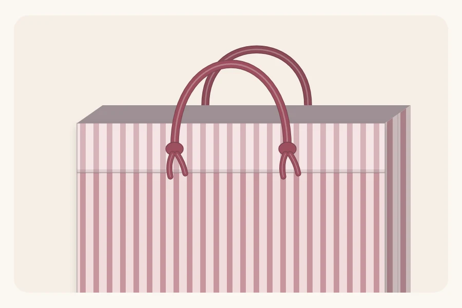 The top of a paper bag with a folded cuff, two punched holes and a knotted ribbon handle