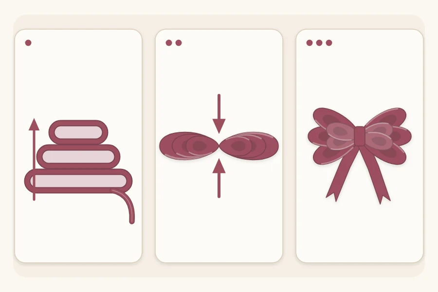 Three steps: ribbon folded into stacked loops, stack pinched in the middle, center bound and loops fanned