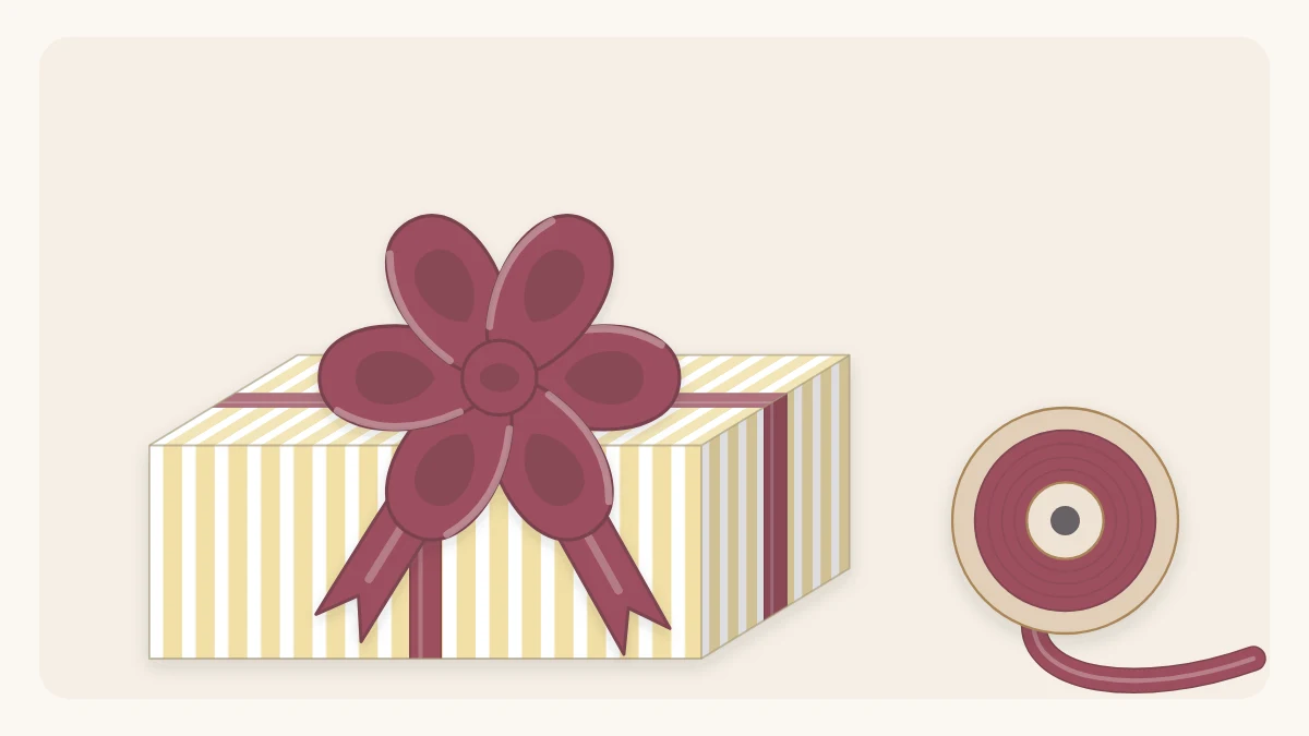A full six-loop ribbon bow with two tails on top of a wrapped gift beside a ribbon spool