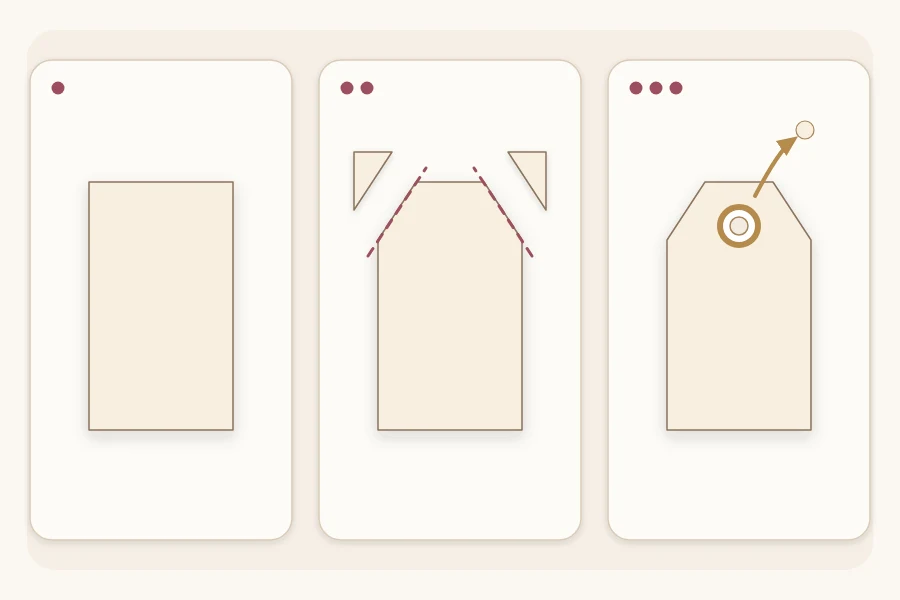 Three steps: a cardstock rectangle, top corners trimmed at an angle, a hole punched with a reinforcement ring