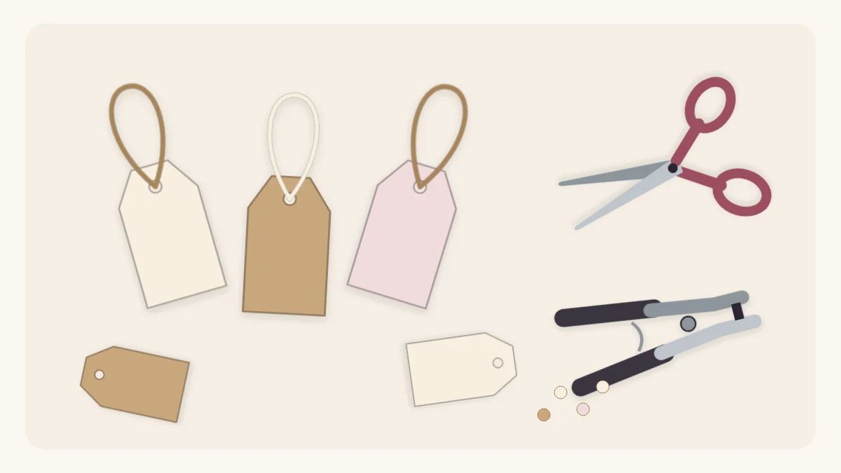 Handmade blank gift tags in cream, kraft and blush cardstock with twine loops, scissors and a hole punch