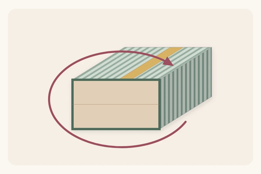 Diagram from above of paper circling the girth of a box with a short overlap