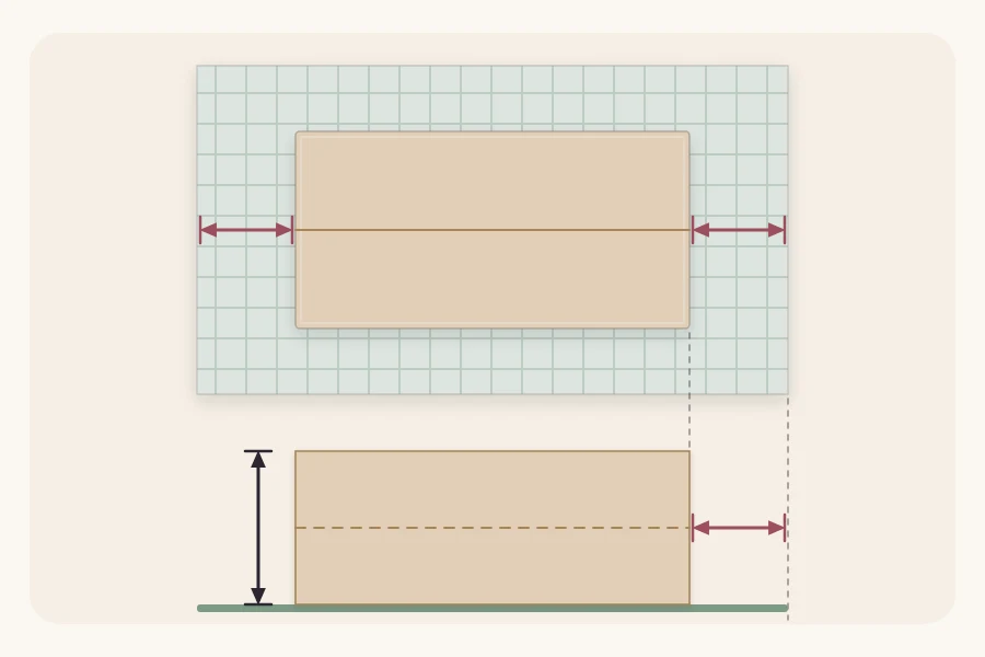 Diagram from above of a box centered on a sheet with paper extending past each end