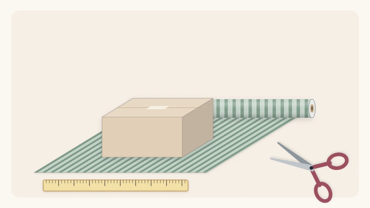 Plain box on unrolled striped wrapping paper with a ruler alongside and scissors ready