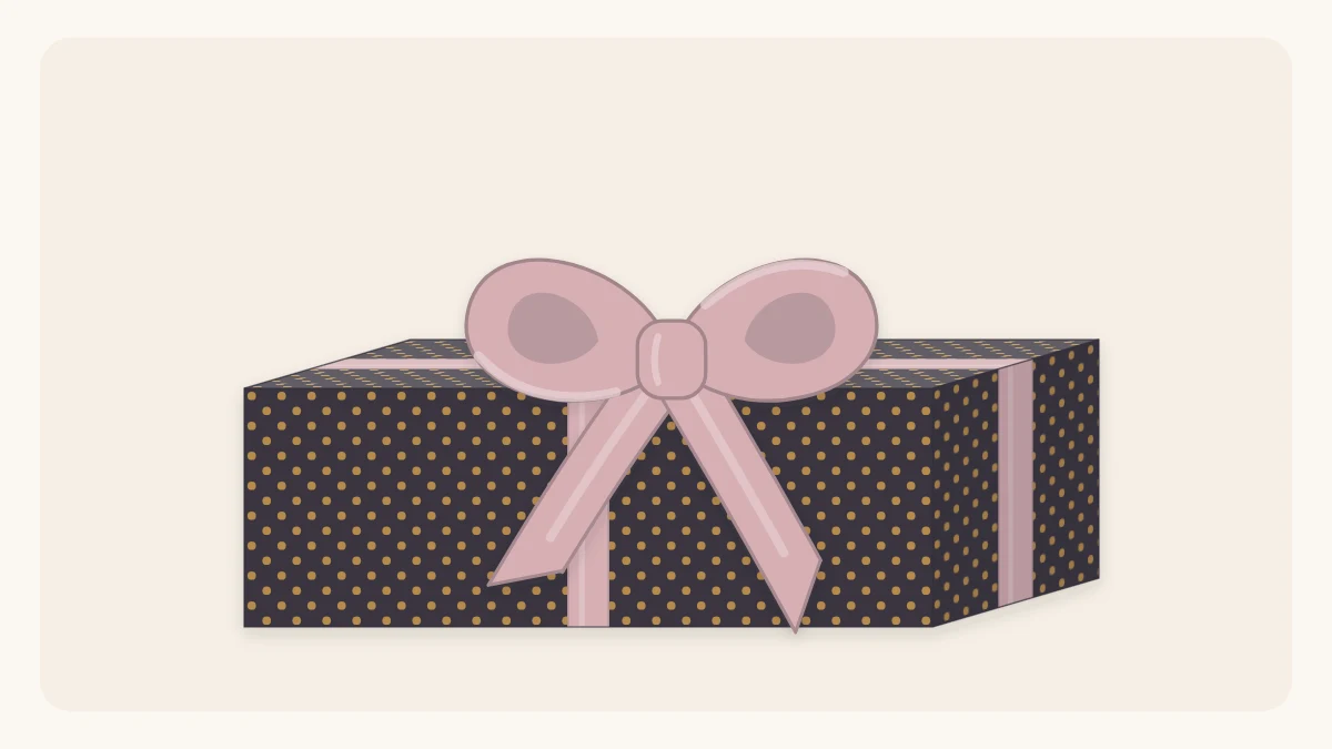 A wrapped gift box with satin ribbon crossed around it and a full, even bow with two angled tails