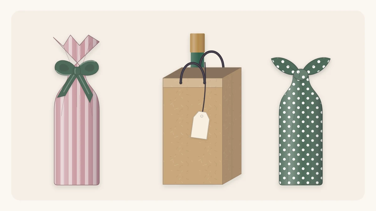 Three wrapped bottles: one rolled in paper with ribbon, one in a tall bag, one in knotted cloth