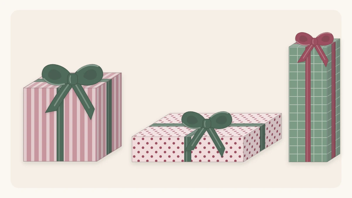 Three wrapped boxes side by side: a cube, a flat shirt box and a tall narrow box