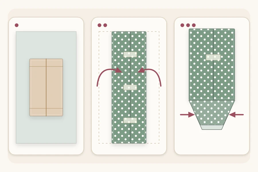 Three steps from above: box upside down on paper, long sides taped, end flaps folded