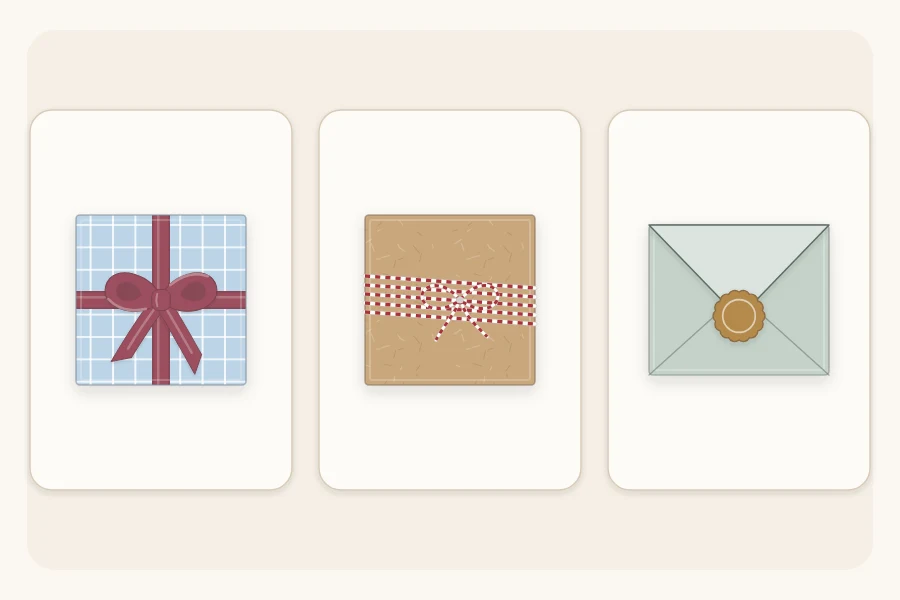 Three fasteners in a row: ribbon tied around a parcel, wrapped twine and a round sticker seal
