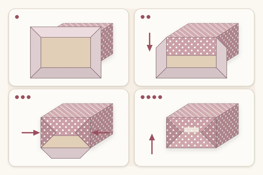 Four steps of one box end: open tube, top flap down, side flaps in, bottom flap taped