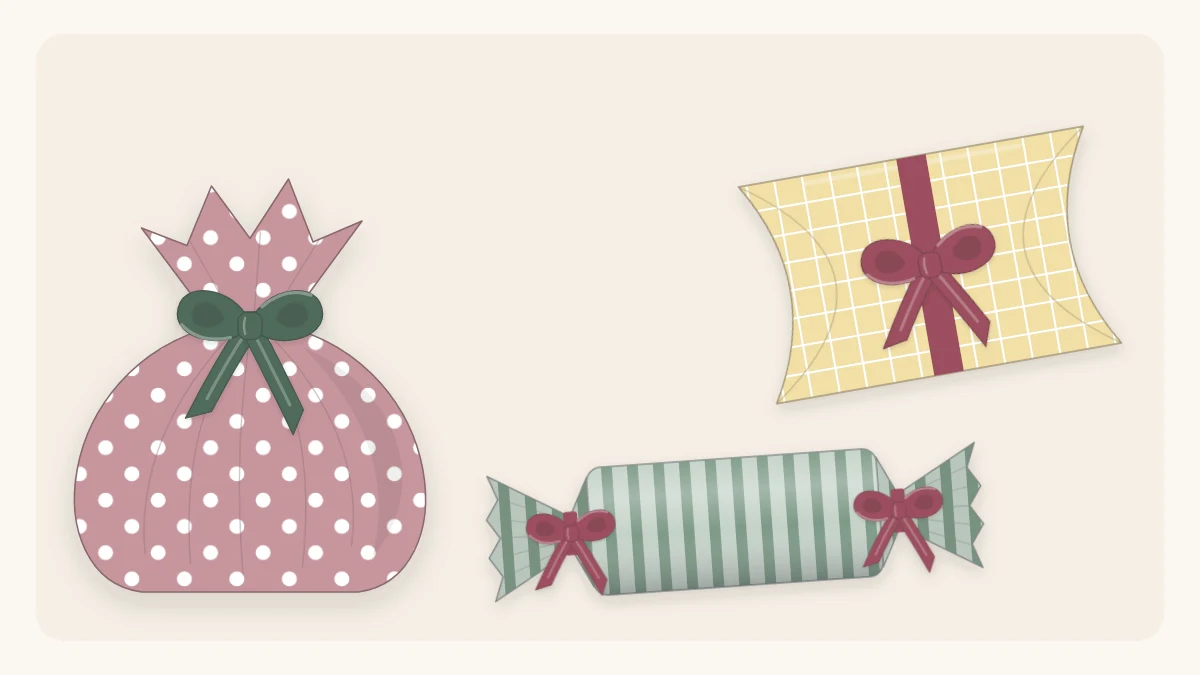 Three awkward gifts wrapped as a gathered pouch, a roll with twisted ends and a paper pillow