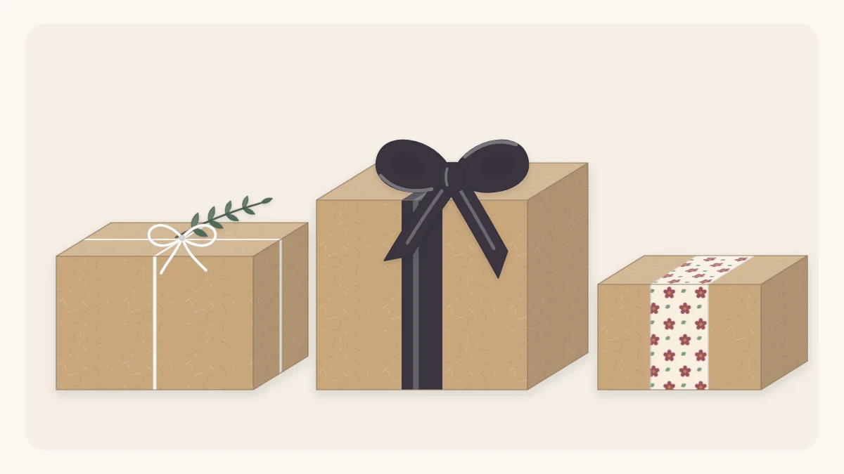 Three gifts in brown kraft paper finished with twine and a sprig, a wide black ribbon and a patterned band
