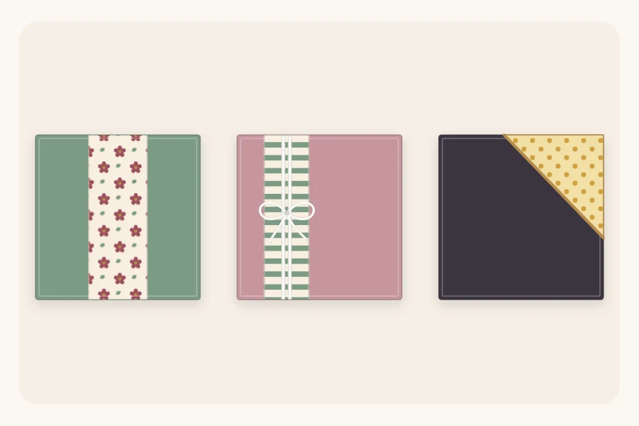 Three boxes showing a centered band, an off-center band with twine, and a diagonal corner panel