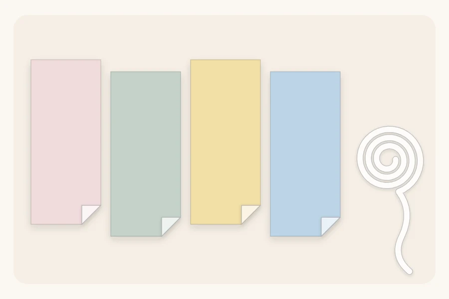 Four paper swatches in blush, pale sage, butter yellow and sky blue with a coil of white ribbon