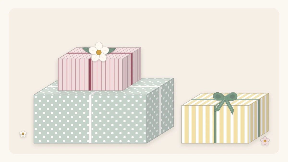 Three gifts in blush, pale sage and butter yellow paper with thin ribbons and a small paper flower on top