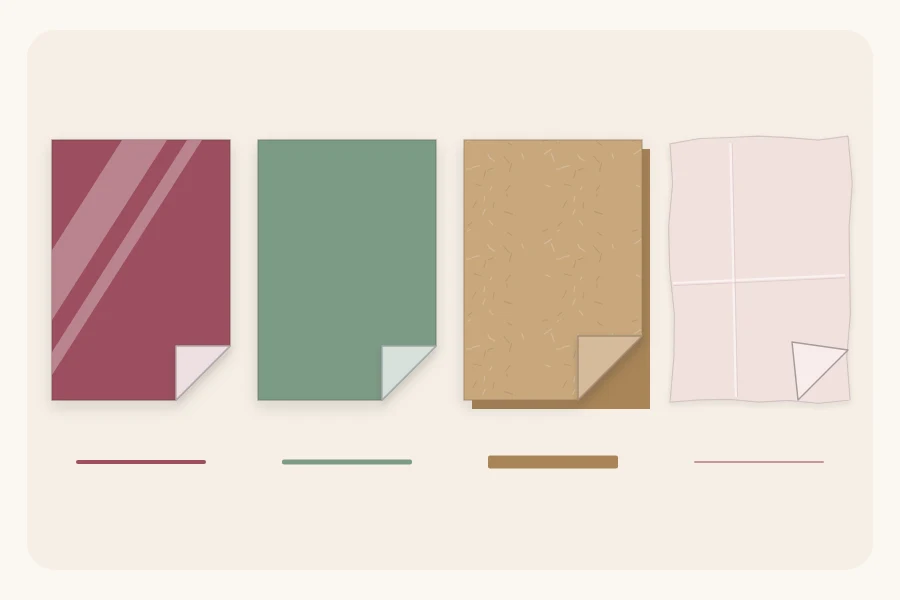 Four swatches with folded corners: thin glossy, matte, kraft and tissue paper, the kraft visibly thicker