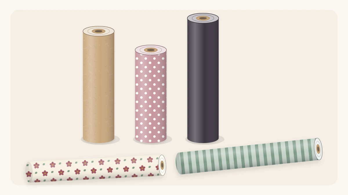 Five rolls of wrapping paper in different finishes: kraft, dotted, striped, solid matte and floral
